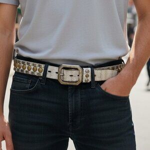 Vintage Distressed White Leather Studded Belt – Men’s Medium Rocker Western
